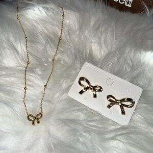 Gold Bow Necklace and Earring Set